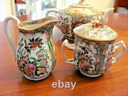 Antique Chinese Famille Rose Medallion Birds Floral Teapot Creamer Sugar Set Exc