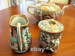 Antique Chinese Famille Rose Medallion Birds Floral Teapot Creamer Sugar Set Exc