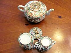 Antique Chinese Famille Rose Medallion Birds Floral Teapot Creamer Sugar Set Exc