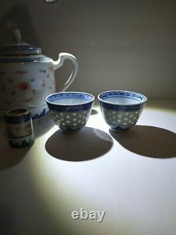 Antique Chinese Marked Blue, White And Red Porcelain Rice Grain Teapot Set