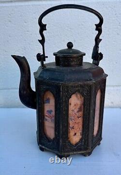 Antique Chinese Tea Pot & Matching Tea Caddy with Decorative Panels