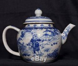 Antique Chinese White And Blue Porcelain Painting Landscape Teapot 1900s