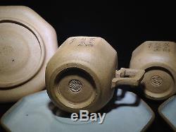 Antique Chinese Yixing Pottery 8 Side Teapot Set Calligraphy Artist Poems NICE