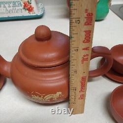 Antique Chinese Yixing Zisha OLD Clay Pottery Tea Pot Saucer Set SIGNED