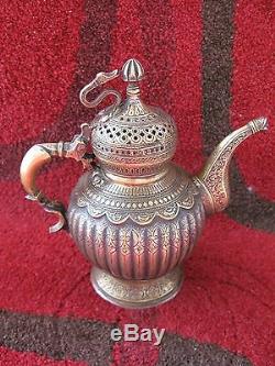 Antique Compact Tinned Brass And Copper Tombak Tea Pot Ibrik SCARSE