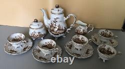 Antique Crown W 1763 Germany Brown Wattea? Porcelain Painted Coffee Teapot Set