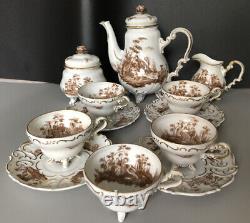 Antique Crown W 1763 Germany Brown Wattea? Porcelain Painted Coffee Teapot Set