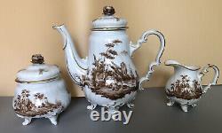 Antique Crown W 1763 Germany Brown Wattea? Porcelain Painted Coffee Teapot Set