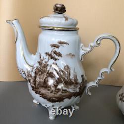 Antique Crown W 1763 Germany Brown Wattea? Porcelain Painted Coffee Teapot Set