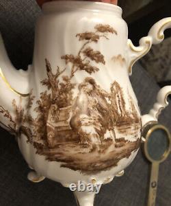 Antique Crown W 1763 Germany Brown Wattea? Porcelain Painted Coffee Teapot Set