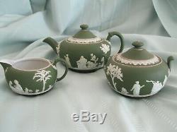Antique Dark Green Wedgwood Jasperware 3 Piece Teapot Sugar Creamer Set