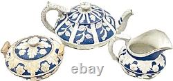 Antique E. M. & Co Edge Malkin Teapot Creamer Sugar Majolica Blue White