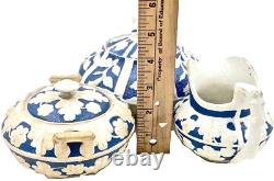 Antique E. M. & Co Edge Malkin Teapot Creamer Sugar Majolica Blue White