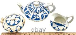 Antique E. M. & Co Edge Malkin Teapot Creamer Sugar Majolica Blue White