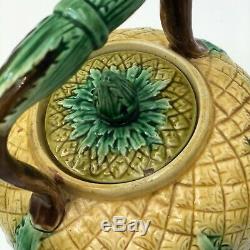 Antique English Pineapple Majolica Set Tea Pot, Creamer, Sugar Bowl