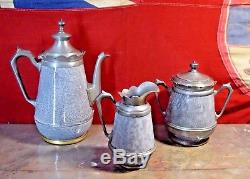 Antique GRANITEWARE Tea Pot Creamer Covered Sugar Bowl Grey with PEWTER Agate Set
