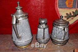 Antique GRANITEWARE Tea Pot Creamer Covered Sugar Bowl Grey with PEWTER Agate Set