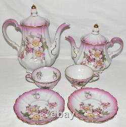 Antique German 7pc China Tea Set Teapot Cup Saucer Hand Decorated Artist Signed