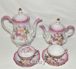 Antique German 9pc China Tea Set Teapot Cup Saucer Hand Decorated Artist Signed