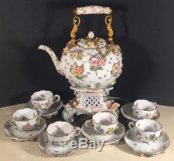 Antique German Meissen Pedestal Teapot Tea Set Cups And Saucer Flowers Insects