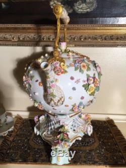 Antique German Meissen Pedestal Teapot Tea Set Cups And Saucer Flowers Insects