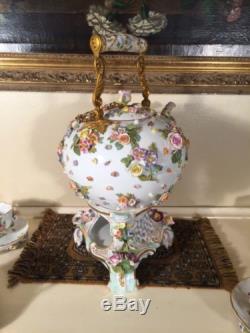 Antique German Meissen Pedestal Teapot Tea Set Cups And Saucer Flowers Insects