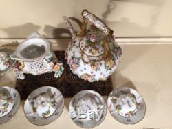 Antique German Meissen Pedestal Teapot Tea Set Cups And Saucer Flowers Insects