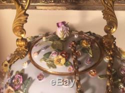 Antique German Meissen Pedestal Teapot Tea Set Cups And Saucer Flowers Insects