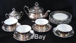 Antique German Porcelain Silver Overlay Plates Teapot Sugar Creamer Cup Saucer