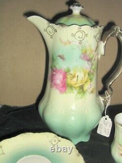 Antique Germany Gold Gilt Porcelain Tea/Chocolate Serving Set, Teapot, Cups, Saucer