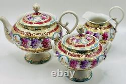 Antique Gold Moriage Hand Painted Shimamura Sei Pedestal Teapot, Creamer & Sugar