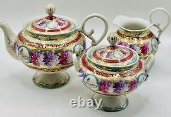 Antique Gold Moriage Hand Painted Shimamura Sei Pedestal Teapot, Creamer & Sugar