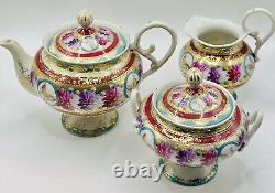 Antique Gold Moriage Hand Painted Shimamura Sei Pedestal Teapot, Creamer & Sugar