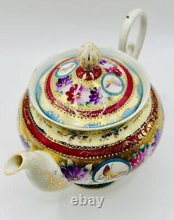 Antique Gold Moriage Hand Painted Shimamura Sei Pedestal Teapot, Creamer & Sugar