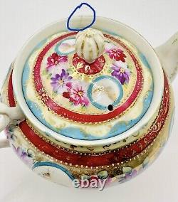 Antique Gold Moriage Hand Painted Shimamura Sei Pedestal Teapot, Creamer & Sugar
