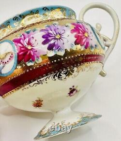 Antique Gold Moriage Hand Painted Shimamura Sei Pedestal Teapot, Creamer & Sugar