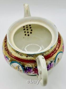 Antique Gold Moriage Hand Painted Shimamura Sei Pedestal Teapot, Creamer & Sugar
