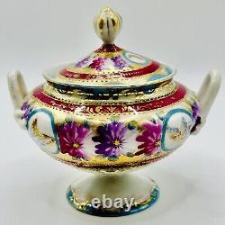 Antique Gold Moriage Hand Painted Shimamura Sei Pedestal Teapot, Creamer & Sugar