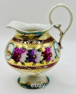 Antique Gold Moriage Hand Painted Shimamura Sei Pedestal Teapot, Creamer & Sugar