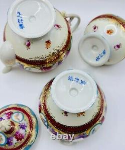Antique Gold Moriage Hand Painted Shimamura Sei Pedestal Teapot, Creamer & Sugar