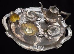 Antique Gorham Sterling Silver Plymouth Coffee Tea Pot Set with Plated Tray 6 Pc