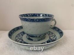 Antique Guangxu, Apocryphal Kangxi B& W Porcelain Rice Grain Teacup and Saucer