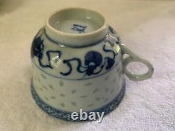 Antique Guangxu, Apocryphal Kangxi B& W Porcelain Rice Grain Teacup and Saucer