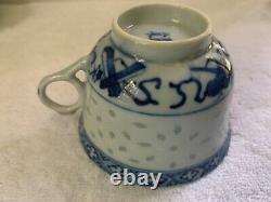 Antique Guangxu, Apocryphal Kangxi B& W Porcelain Rice Grain Teacup and Saucer