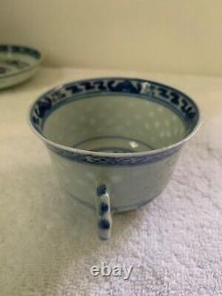 Antique Guangxu, Apocryphal Kangxi B& W Porcelain Rice Grain Teacup and Saucer