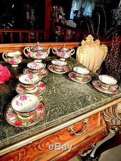 Antique HAND PAINTED Tea Set -Tea Pot, Sugar Creamer 6 Saucers Cups PTD INSIDE