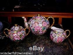 Antique HP FINE China Tea Set -Tea Pot, Sugar, Creamer 12 Cups/Saucers Chintz