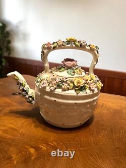 Antique Hand Painted Floral Encrusted Porcelain Tea Pot