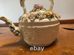 Antique Hand Painted Floral Encrusted Porcelain Tea Pot