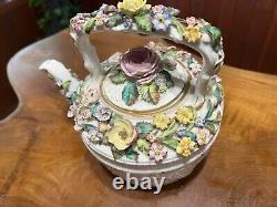 Antique Hand Painted Floral Encrusted Porcelain Tea Pot